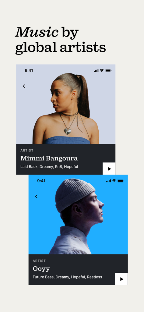 Mobile app interface of Epidemic Sound showing music tracks by global artists Mimmi Bangoura and Ooyy