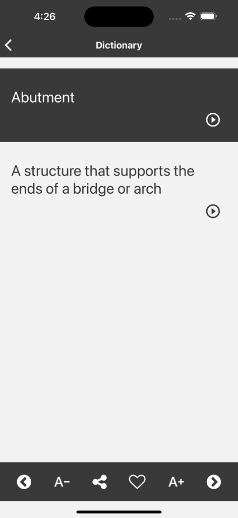 Civil Engineering Terms - Civil Engineering Terms app screen displaying the definition of Abutment with audio and navigation buttons