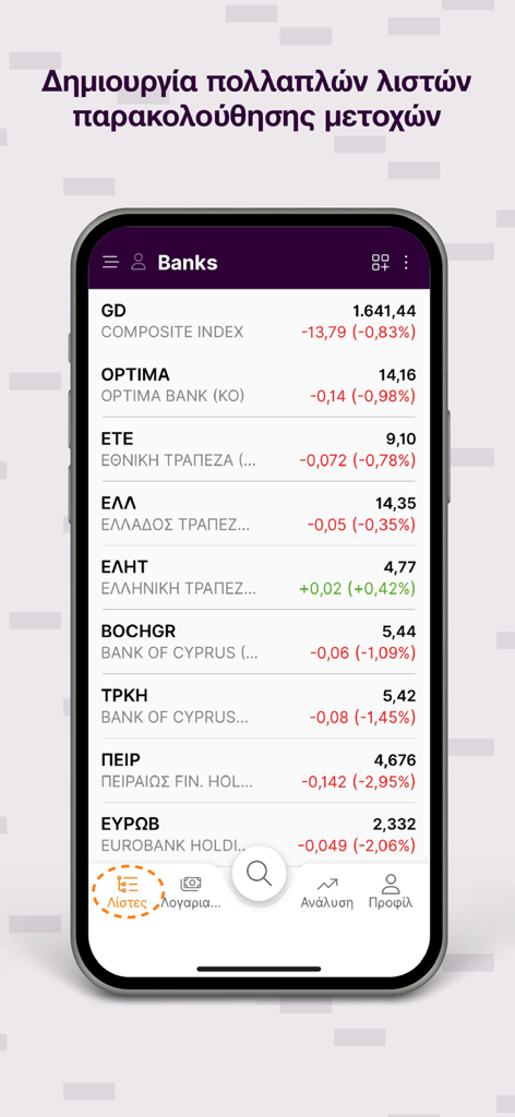 Optima Trader - Optima Trader mobile app interface displaying a stock market watchlist with Greek bank shares