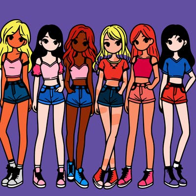 a group of girls wearing crop tops and shorts