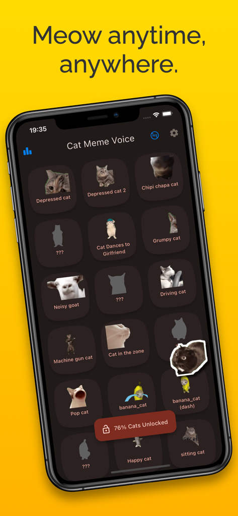 Cat Meme Voice: Meow anytime! - A smartphone screen displaying the Cat Meme Voice app interface with a grid of viral cat meme buttons and an unlock progress notification.