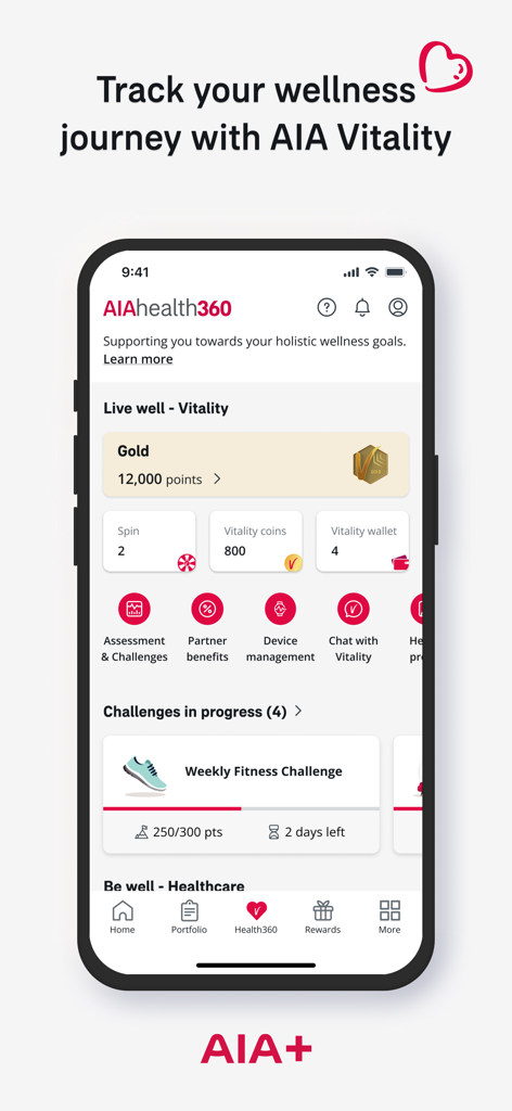 Interfaz de la aplicación AIA Plus Singapur que muestra los puntos de seguimiento de bienestar AIA Vitality y los desafíos de fitness.