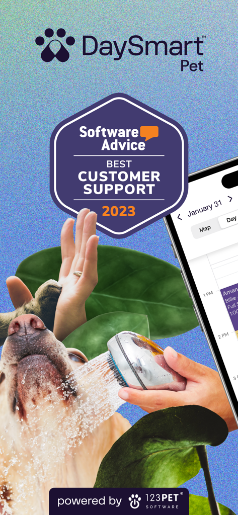 DaySmart Pet Software Werbegrafik, die den Preis für den besten Kundensupport 2023 und die mobile Planungsansicht hervorhebt