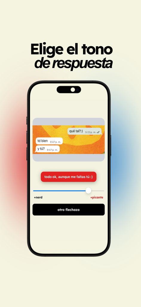 1Flechazo - 1Flechazo 앱의 인터페이스, 너디함과 은밀함 사이에서 AI 생성 메시지의 톤을 조절하는 슬라이더 표시