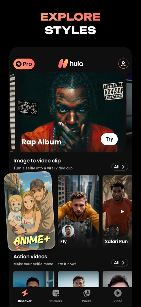 Hula AI: Photo & Video Creator - Hula AI mobile app screen showing diverse photo to video styles and anime filters.