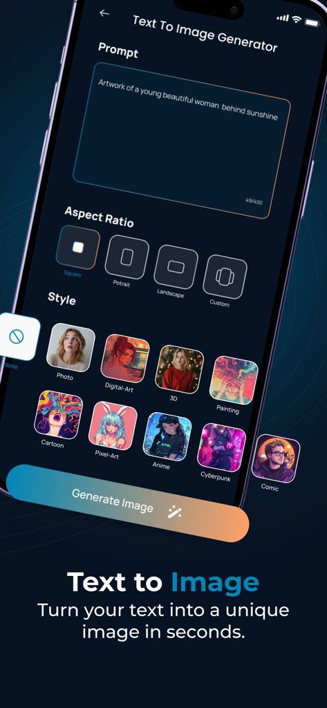 Collart - AI Image Generator - Interface of Collart AI app showing text-to-image generator with prompt input and various art style options