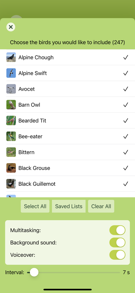 List of bird species and audio settings in the Chirp bird songs app