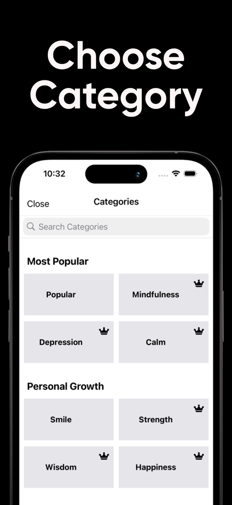 Motivational Quotes - Widget - Interface of Motivational Quotes app showing quote categories like mindfulness happiness and personal growth