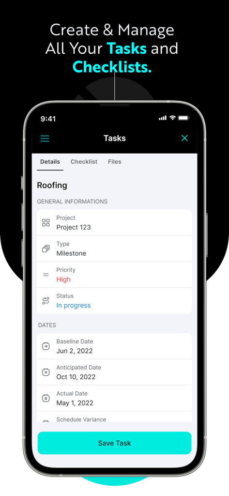 INGENIOUS.BUILD - INGENIOUS.BUILD mobile app screen showing construction task management details for a roofing project milestone