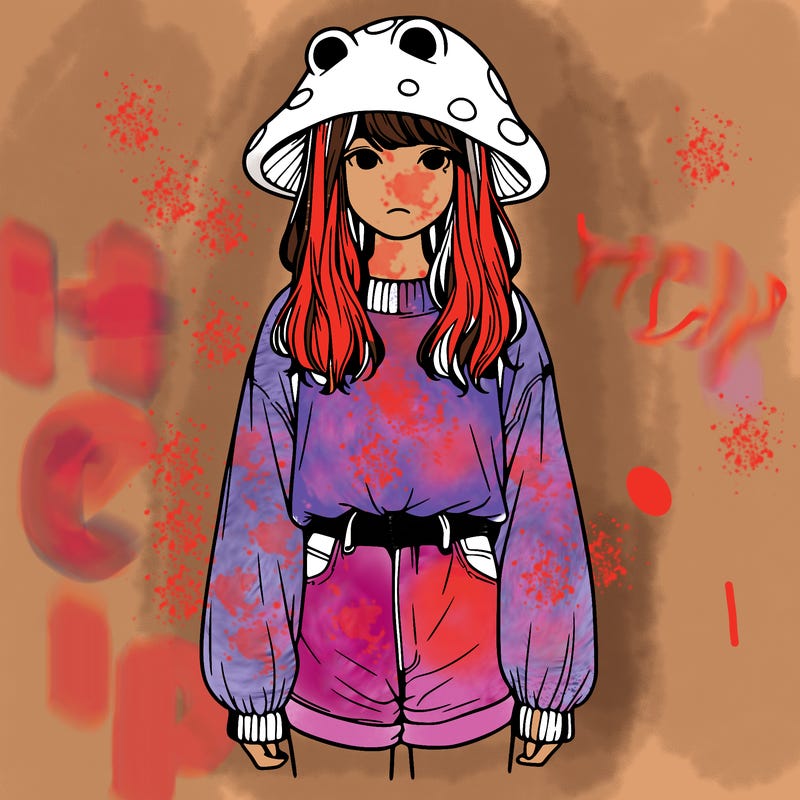 a realistic girl with a frog hat and baggy mushroom shirt