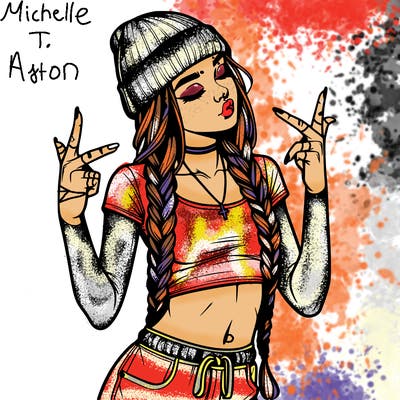 realistic teenage girl with braids and a beanie and crop top doing 🫶🏼