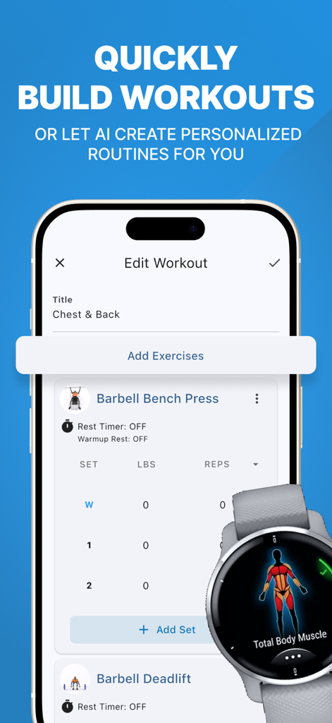 LiftTrack: Strength Training - LiftTrack app interface showing the workout editor for chest and back exercises next to a Garmin watch displaying muscle tracking