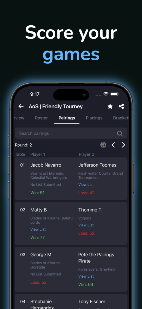 Best Coast Pairings - Best Coast Pairings mobile app display of tournament pairings and match scores