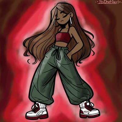 girl in baggy pants crop top and long hair