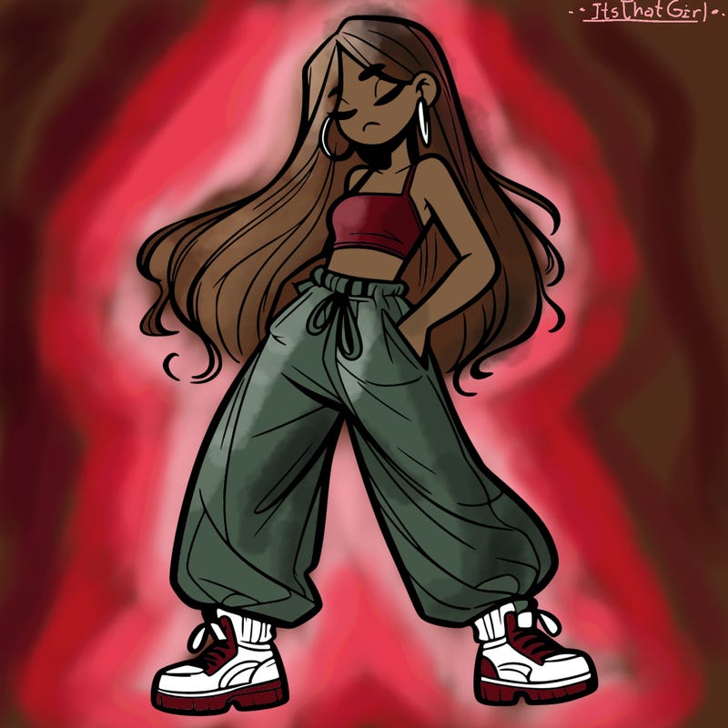 girl in baggy pants crop top and long hair