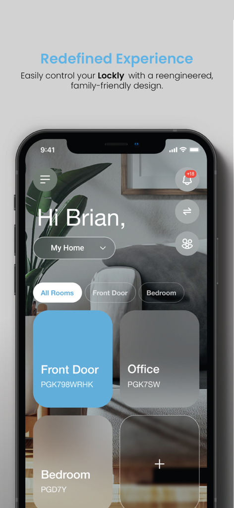 Lockly Home app dashboard showing smart lock controls for front door office and bedroom