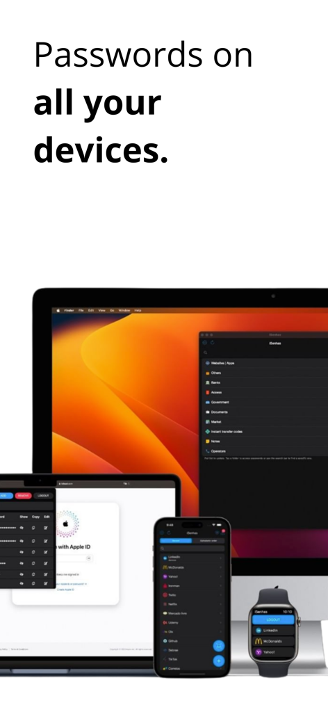 iSenhas - Password Manager - Interfaz de la aplicación iSenhas mostrada en iMac, MacBook, iPhone y Apple Watch, mostrando la sincronización de contraseñas en todo el ecosistema Apple.
