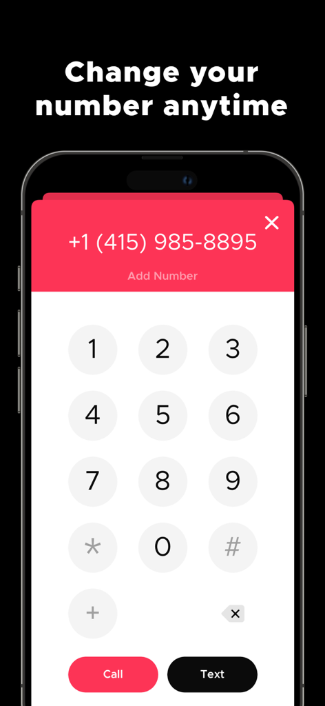 Change Phone Number by Numbr - Interfaz del marcador de la aplicación Numbr en un iPhone mostrando un número de teléfono secundario