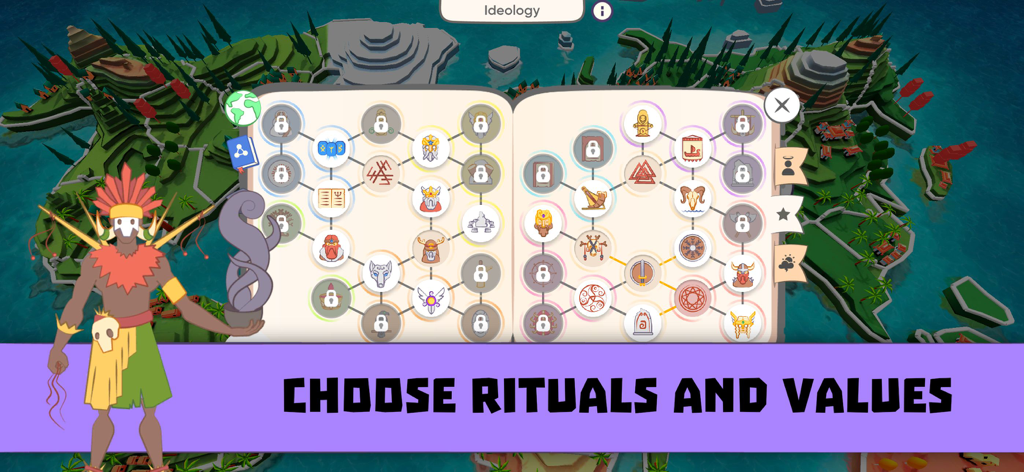 Religion inc. God Simulator - A shaman character next to an ideology book for choosing religious rituals and values in the game
