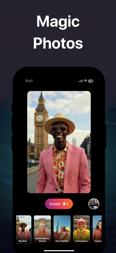 Mars AI: Your AI Assistant - L'interface de l'application Mars AI affichant la fonctionnalité Magic Photos avec une image générée par IA d'un homme à Big Ben et diverses options de lieux.