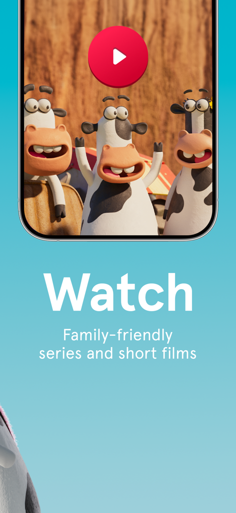 Interfaz de la aplicación Chick-fil-A Play mostrando series y cortometrajes familiares con vacas animadas