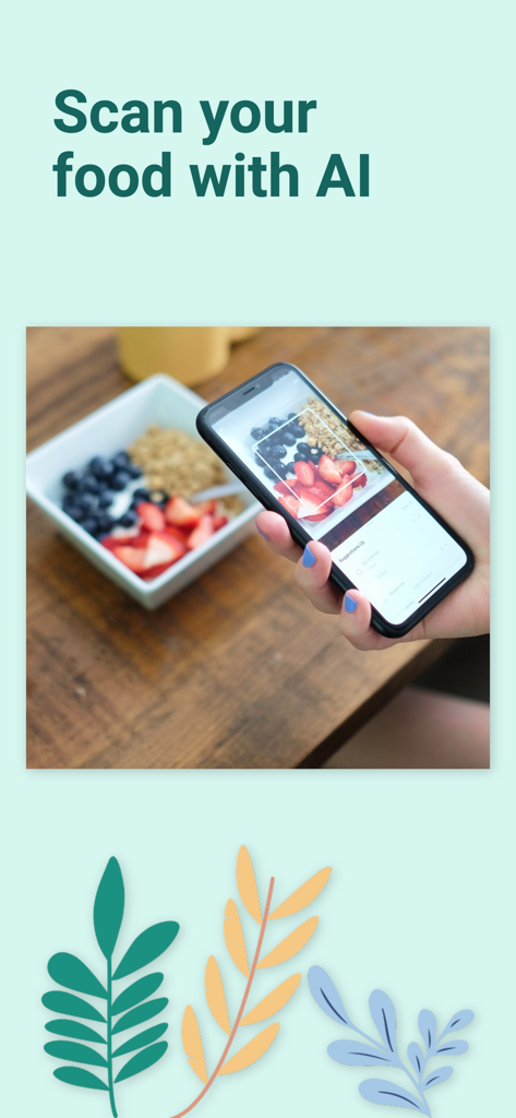 BerryFit - AI Food & Calories - BerryFit AI 음식 추적 앱으로 아침 식사 그릇을 스캔하는 스마트폰을 든 손