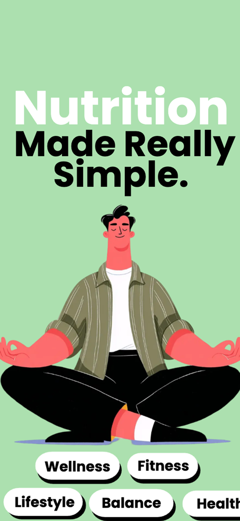 Fiti - Balanced food - An illustration of a man in a yoga pose with the text Nutrition Made Really Simple and wellness tags