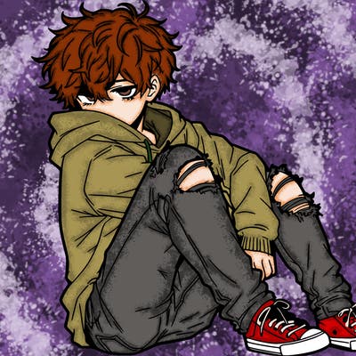 a male hoddie ripped jeans messy hair anime