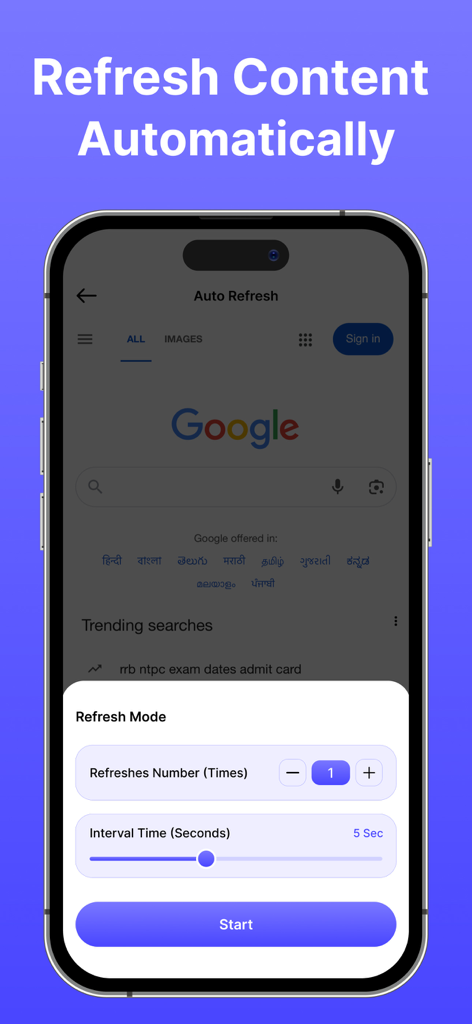 Auto Clicker: Auto Scroll, Tap - Interfaz de la aplicación Auto Clicker para configurar la actualización automática de páginas web