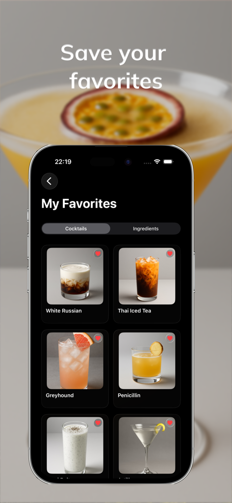 Mixly: Cocktail Recipes - A minimalist user interface of the Mixly app showing a saved collection of favorite cocktail recipes with high-quality imagery