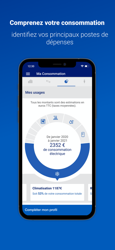EDF Dom & Corse - EDF Dom and Corse app interface displaying a breakdown of household electricity consumption by usage