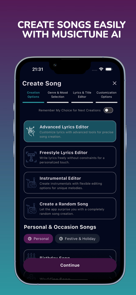 MusicTune AI app screen showing song creation and lyrics editing options
