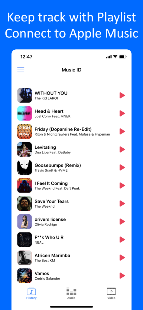 Music Identifier ‣ Find Songs - A list of identified songs in the Music Identifier app history screen with artist names and album covers.