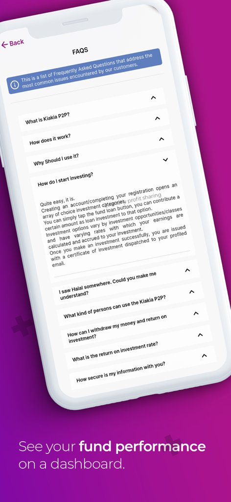 Kiakia P2P - Screenshot of the Kiakia P2P mobile app FAQ page displaying information on how to start investing and app security.