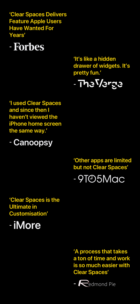 Press reviews and testimonials for Clear Spaces app from Forbes The Verge and iMore