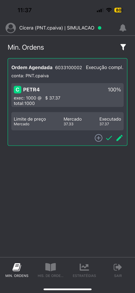 PNT Mobile - PNT Mobile app showing a completed trade order for PETR4 stock