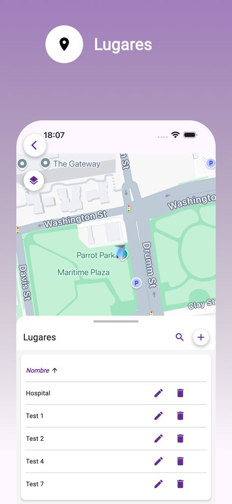 SECURETECH mobile app interface displaying a map and a list of saved places in the Lugares section.