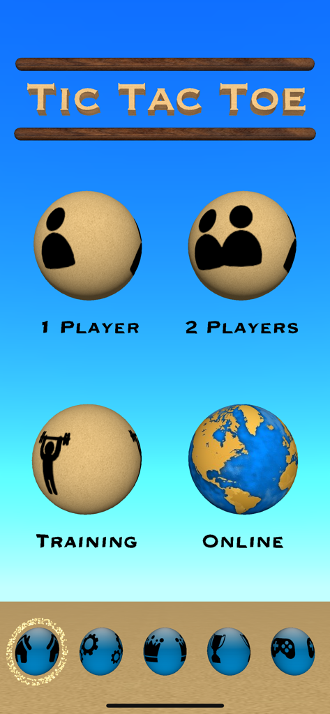 Hauptmenü des Tic Tac Toe 3D Brettspiels mit Symbolen für 1 Spieler, 2 Spieler, Training und Online-Modi.