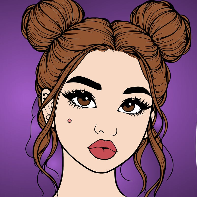 realistic girl with two buns on her hair and lips
