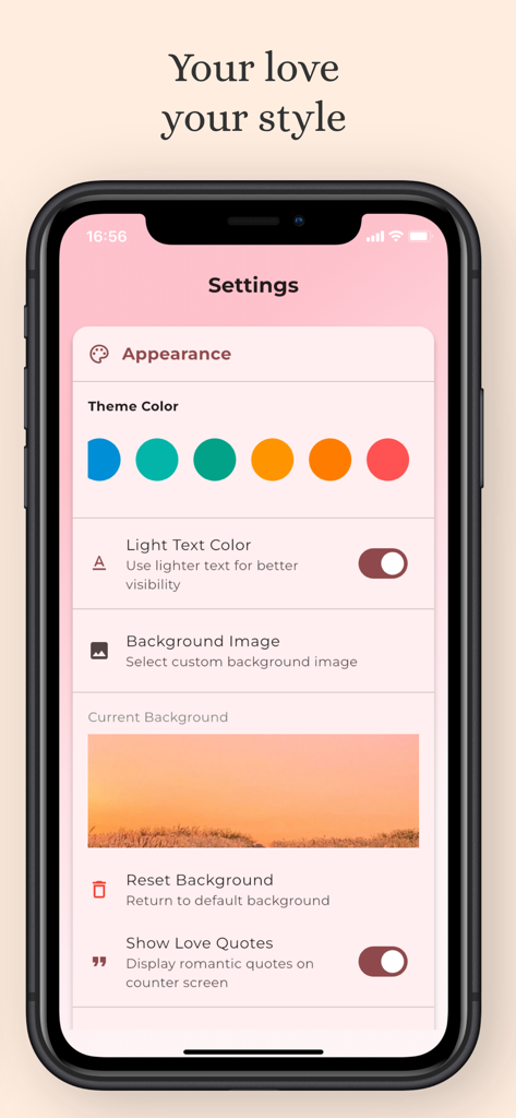 Appearance settings screen in the Been Together app showing theme color and background customization options