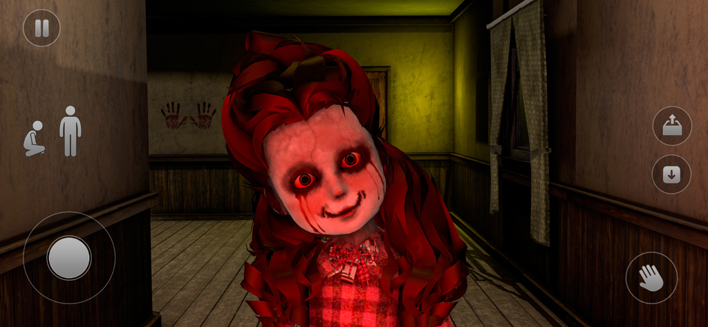 Scary Doll Horror House Game - A creepy doll with red hair and glowing red eyes in a haunted house hallway
