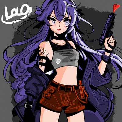 bad girl wearing crop top holding a gun long hair anime