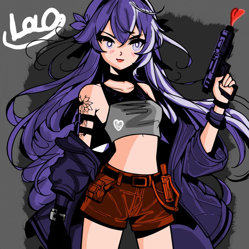 bad girl wearing crop top holding a gun long hair anime