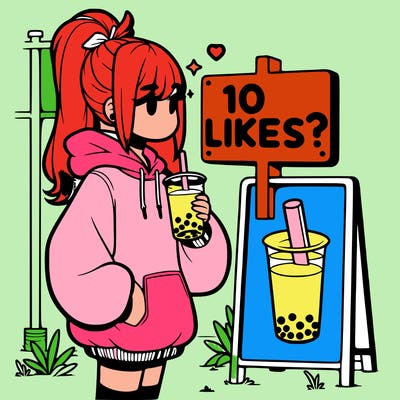 girl with oversized hoodie drinking boba and she has a high ponytail with a sign that says 10likes?