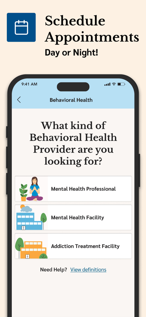 Florida Blue - Interface do aplicativo Florida Blue para selecionar provedores de saúde comportamental, incluindo profissionais de saúde mental e instalações
