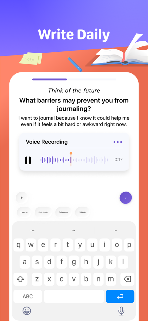 Interfaz de la aplicación Halo que presenta una entrada de grabación de voz y una indicación de diario diario sobre el autocuidado.