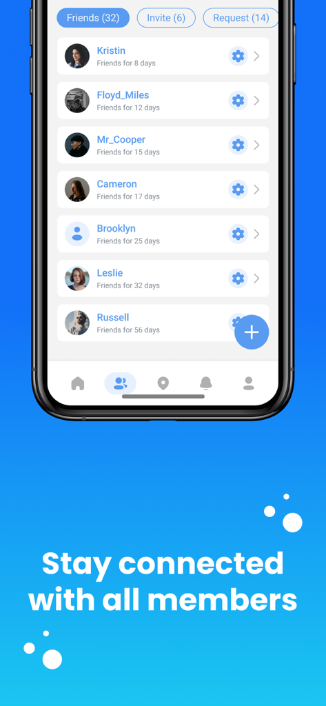 NaviMax - Location sharing - NaviMax app interface displaying a list of connected friends and family members for location sharing