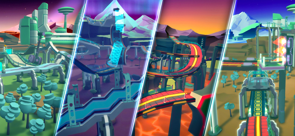 Gravity Rider Zero - Collage di quattro tracciati di corse futuristici in Gravity Rider Zero su diversi pianeti