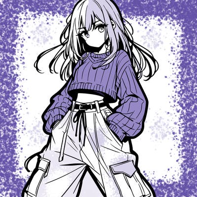 anime teen girl with baggy pants and crop top with sweater