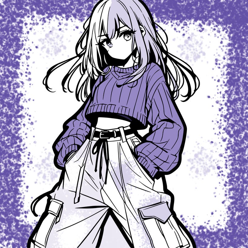 anime teen girl with baggy pants and crop top with sweater